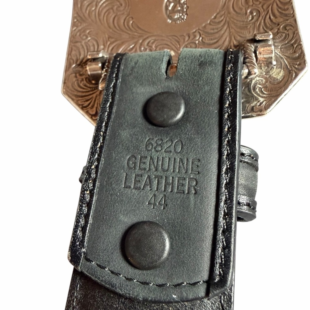 BLACK GENUINE LEATHER WESTERN BELT W/ LONGHORN BUCKLE SZ 44 - Picture 6 of 8